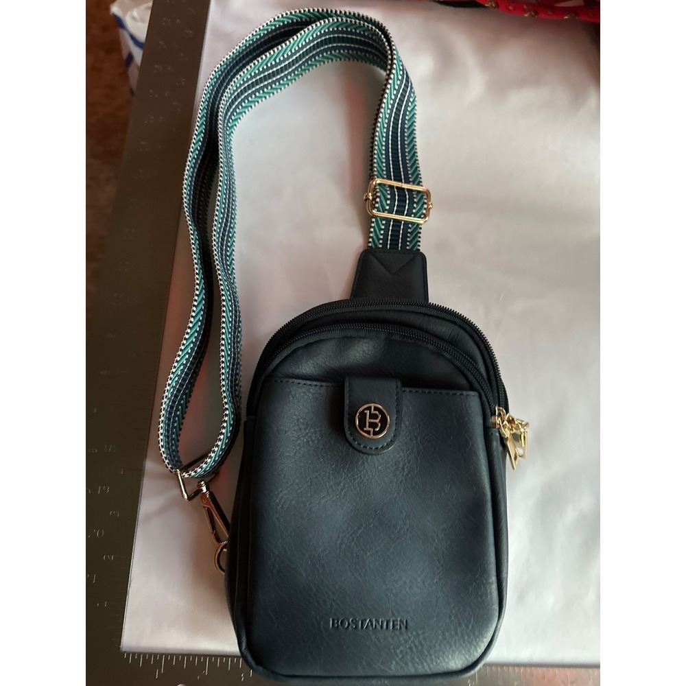 Bostanten Navy Blue Vegan Leather Sling Bag Crossbody Guitar Strap Gold Hardware